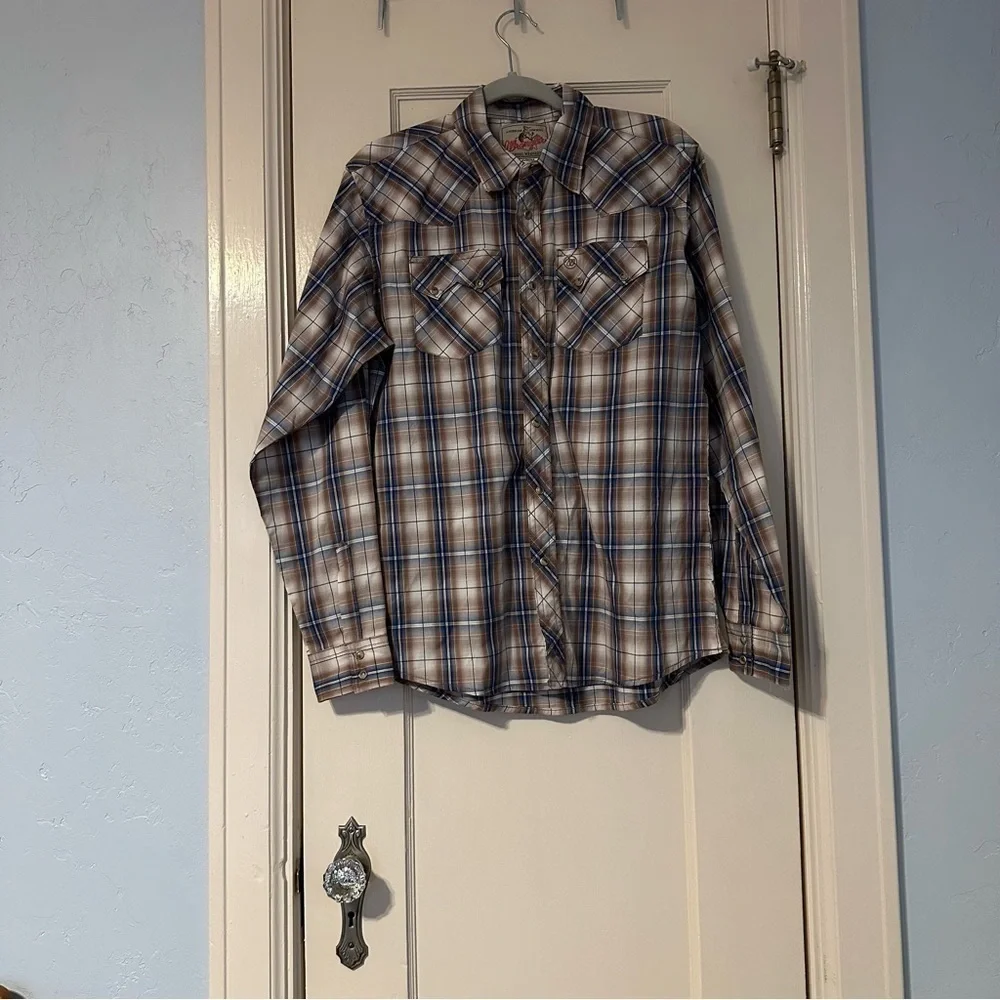 Wrangler Shirt Tan Blue Pearl Snap Rodeo Western Sawtooth Pockets Cowboy Sz XXL